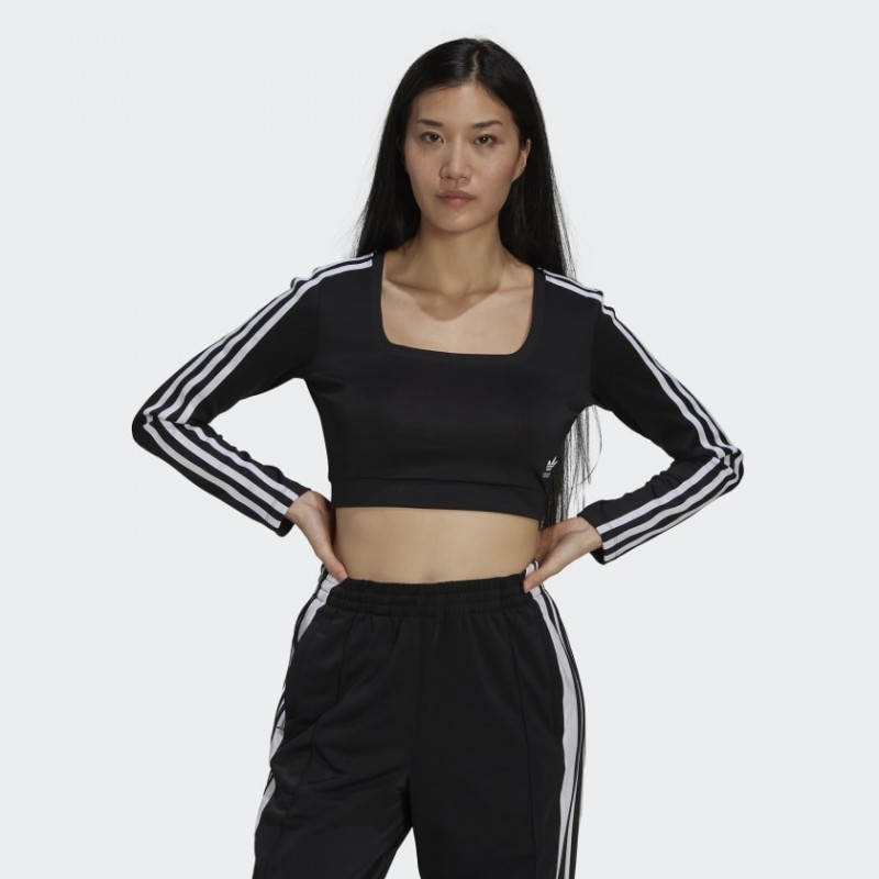 تيشيرت قصير بطباعة ثلاث خطوط مع أكمام طويلة من اديداس بلوزه رياضية للنساء لون أسود Adidas STUDIO LOUNGE RIBBED CROPPED LONG SLEEVE TEE