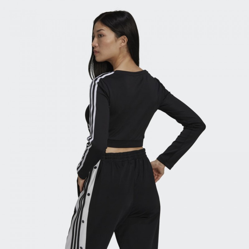 تيشيرت قصير بطباعة ثلاث خطوط مع أكمام طويلة من اديداس بلوزه رياضية للنساء لون أسود Adidas STUDIO LOUNGE RIBBED CROPPED LONG SLEEVE TEE