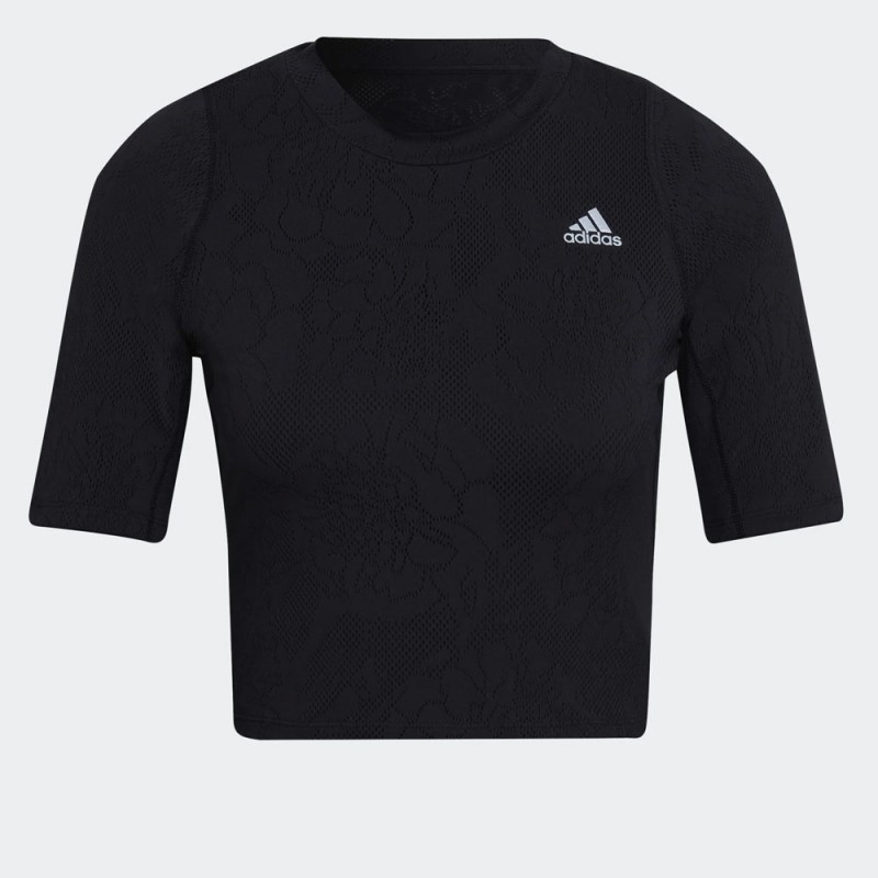 adidas Womens' Run Fast Lace Crop Running T-Shirt - تيشيرت اديداس رن فاست ليس كروب للنساء لون أسود