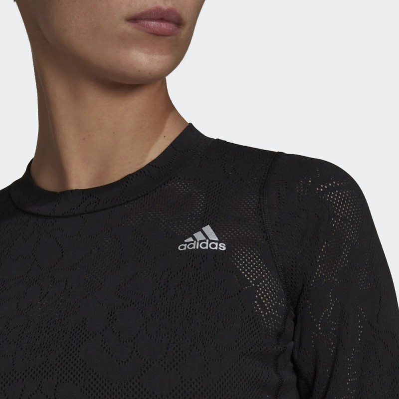 adidas Womens' Run Fast Lace Crop Running T-Shirt - تيشيرت اديداس رن فاست ليس كروب للنساء لون أسود