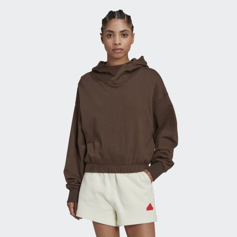 adidas Women' Studio Lounge Cropped Hoodie - Brown-هودي اديداس استديو لونج كروبيد للنساء لون بني