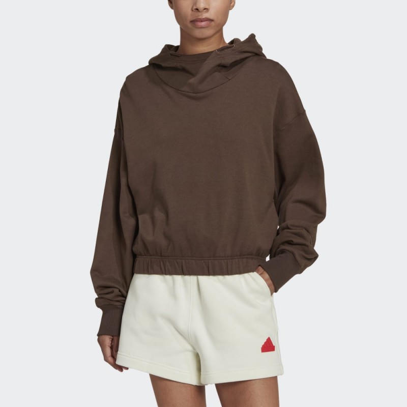 adidas Women' Studio Lounge Cropped Hoodie - Brown-هودي اديداس استديو لونج كروبيد للنساء لون بني