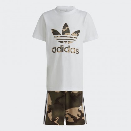 adidas CAMO SHORTS AND TEE SET طقم تيشيرت وشورت للاطفال لون زيتي