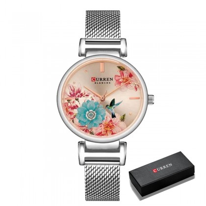 Curren Women's Flower Quartz Stainless Steel Watch (Dial 3.0cm)  || ساعة كورين كوارتز ستانلس لون فضي
