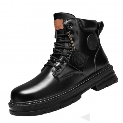 Fashion Men's High-top Leather Martin Boots - حذاء جلد شتوي بكعب عالي للرجال لون أسود