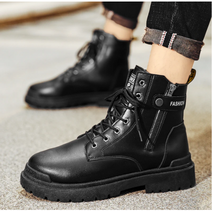 Fashion Men's High-top Leather Martin Boots - حذاء جلد شتوي بكعب عالي للرجال لون أسود