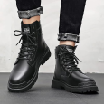 Fashion Men's High-top Leather Martin Boots - حذاء جلد شتوي بكعب عالي للرجال لون أسود