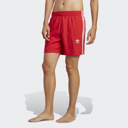 شورت اديداس ادي كلر ثلاث خطوط للرجال لون أحمر-adidas Mens' Originals Adicolor 3-Stripes Swim Shorts - Red