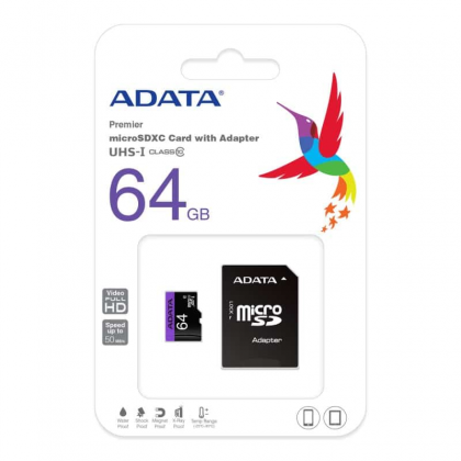 بطاقة ذاكرة من ايه داتا سعة 64 جيجا- ADATA 64GB Premier microSDXC UHS-I / Class 10 V10 A1 Memory Card with SD Adapte