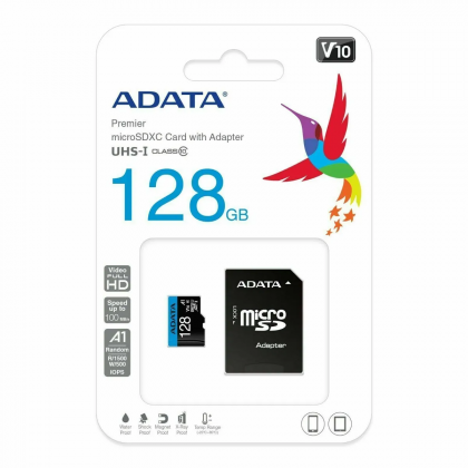 بطاقة ذاكرة من ايه داتا سعة 128 جيجا- ADATA 128GB Premier microSDXC UHS-I / Class 10 V10 A1 Memory Card with SD Adapte