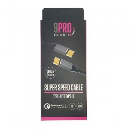 كابل نقل بيانات وشحن سريع من 9 برو طول 3 متر لون أسود- 9PRO Super Speed Cable Type C to Type C