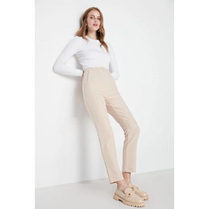 بنطال تريندول منسوج بخصر عالٍ وطول الكاحل للنساء لون بيج