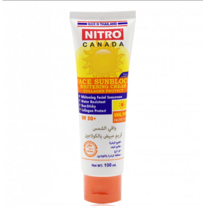 كريم واقي شمس و مبيض بالكولاجين من نيترو كندا بعامل حماية 50 حجم 100 غم– Nitro Canada Sunscreen Cream Whitening Collagen UV 50+ 100 G