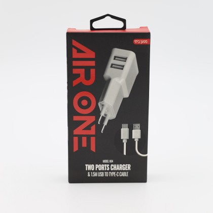 شاحن بمنفذين يو اس بي مع كابل منفذ تايب سي لون أبيض-AIR ONE USB Charger 12W 1.5M Cable Type C