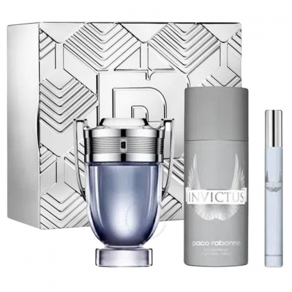 طقم انفيكتوس للرجال من باكو رابان (عطر 100 مل، 150 مل مزيل عرق، 10 مل عطر سفر) - Paco Rabanne Invictus Gift Set (3-Piece)