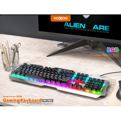 كيبورد العاب KB10 موكسوم اضاءة RGB (مفاتيح كاملة 104) زر FN، (كابل 1.45M) - MOXOM MX-KB10 Gaming Mouse Keyboard Suspension RGB Light Gaming Keyboard