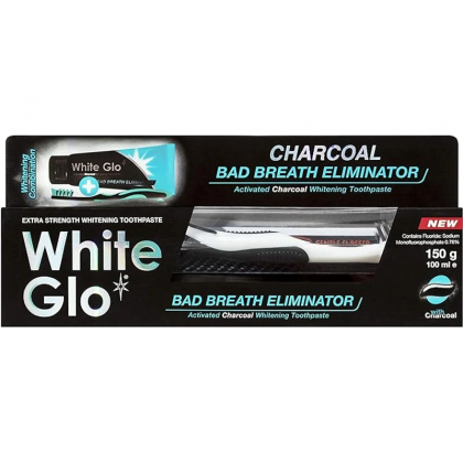 معجون أسنان بالفحم لمنع رائحة الفم الكريهة مع فرشاة من وايت جلو 150 غم- White Glo Charcoal Bad Breath Eliminator Whitening Toothpaste 150g