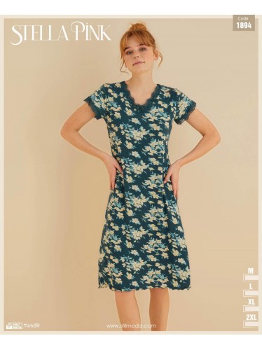 قميص نوم نص كم للنساء لون أخضر مورد