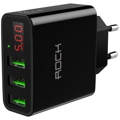 عظمة شحن Rock USB بثلاثة منافذ شحن سريع بقوة 30 وات مع شاشة LED رقمية لهاتف iPhone وiPad وSamsung Galaxy وNexus وHTC وLG (أسود)