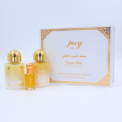 طقم مسك العروس الملكي فانيلا مسك 3 قطع (معطر الجسم 50مل+معطر الشعر 50مل+مسك مُركز 10مل) من جوري