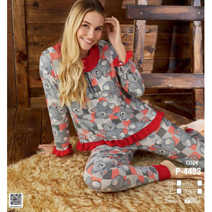 بجامة بأكمام طويلة (قطعتين) للنساء برسومات دب