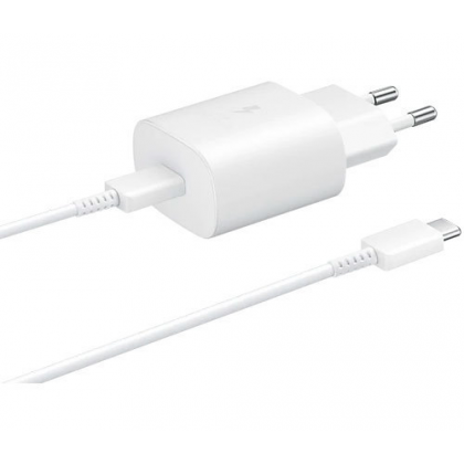شاحن سامسونج 25 واط منفذ تايب سي مع كابل طول 1.8 متر لون أبيض- Samsung Super Fast Charger 25W White