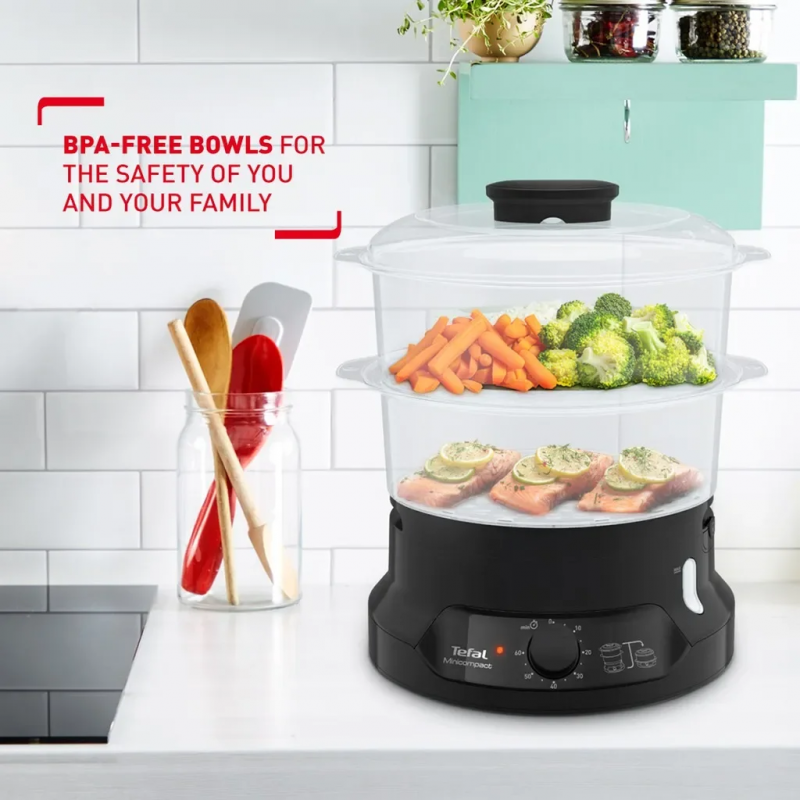 طباخ بخار ميني كومباكت من تيفال، سعة 800 واط - Tefal Minicompact Steamer (BPA Free) VC1398
