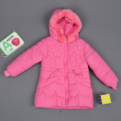 سترة شتوية مبطنة فرو مع طاقية للأطفال لون زهري