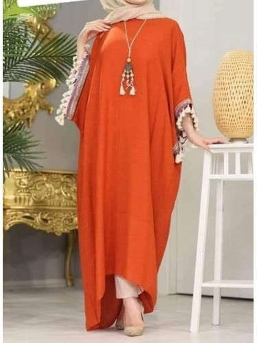 فستان بيتي فضفاض بأكمام قصيرة لون كرميدي