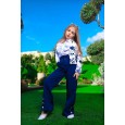 طقم 3 قطع (جاكيت وبنطلون وقميص حفر) بناتي لون كحلي وأبيض