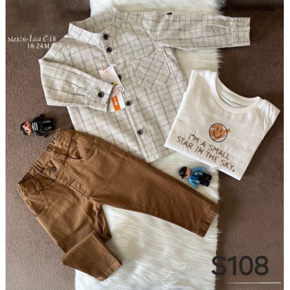 طقم للأطفال 3 قطع كاروهات لون بيج ( قميص ، بلوزة ، بنطال جينز )