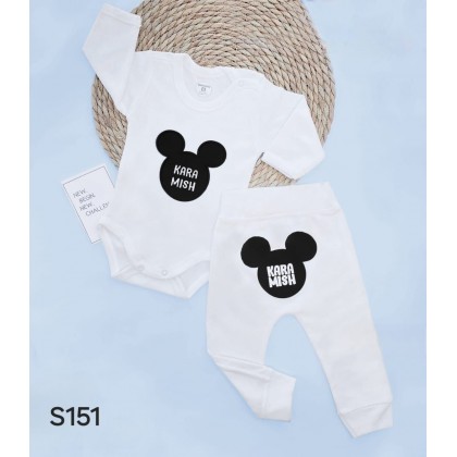 طقم بيبي قطعتين رسمة ميكي لون أبيض