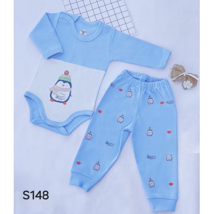 طقم بيبي قطعتين رسمة بطريق لون أزرق