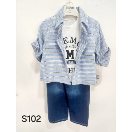 طقم للأطفال 3 قطع مخطط لون أزرق ( قميص ، بلوزة ، بنطال جينز مغيط )
