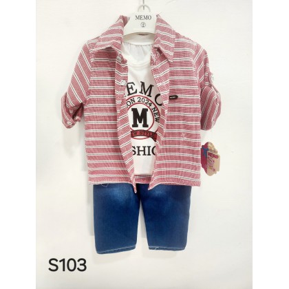 طقم للأطفال 3 قطع مخطط لون زهري ( قميص ، بلوزة ، بنطال جينز مغيط )