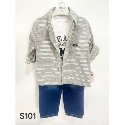 طقم للأطفال 3 قطع مخطط لون زيتي ( قميص ، بلوزة ، بنطال جينز مغيط )