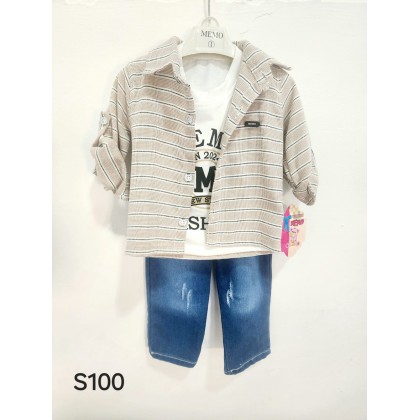 طقم للأطفال 3 قطع مخطط لون بيج ( قميص ، بلوزة ، بنطال جينز مغيط )