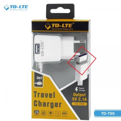 شاحن مدخل USB مع سلك TD-LTE T65 - متوافق مع أجهزة من نوع اتصال Type C - طول 1 متر