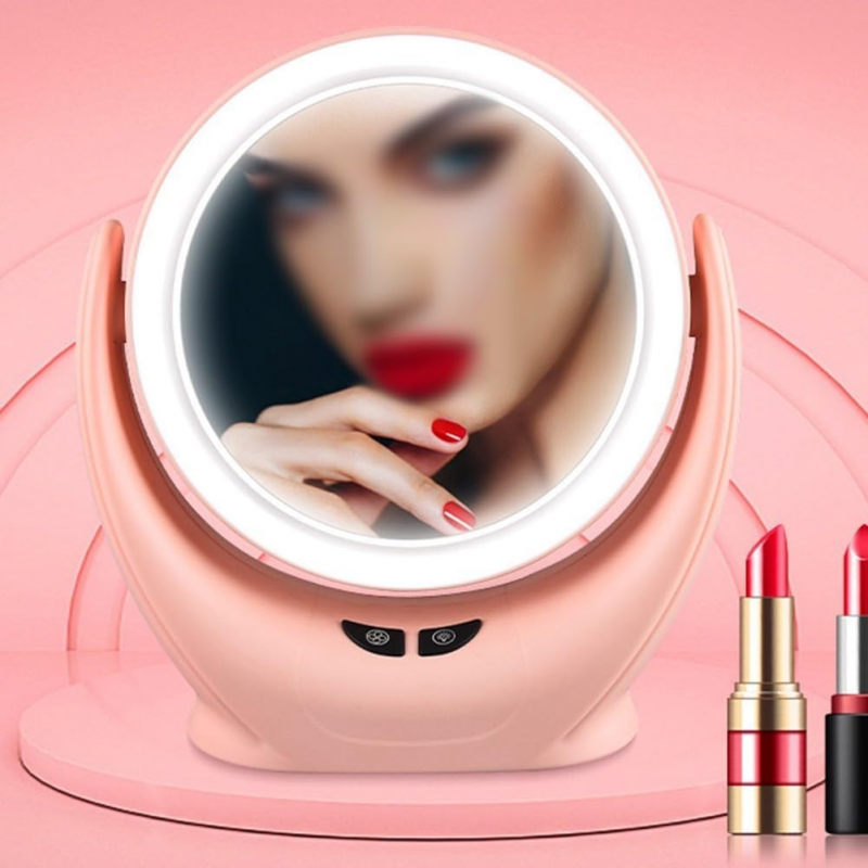 مراة مضيئة مع مروحة متعددة الاستخدمات للمكياج تعمال بشحن والبطاريات لون زهري