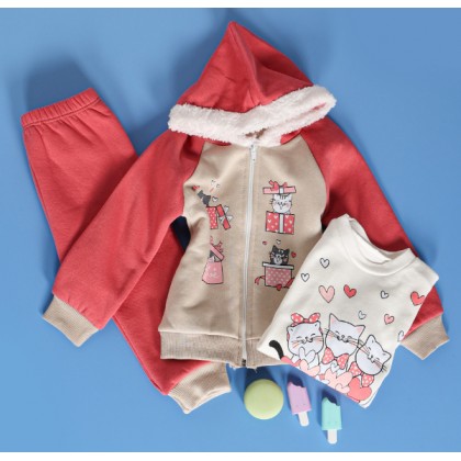 بجامة شتوية 3 قطع للأطفال لون زهري وبيج من Sami Boutique