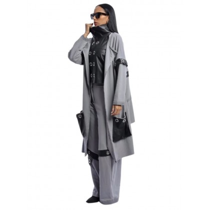 طقم نسائي جلد (3 قطع) بأكمام طويلة للنساء لون رمادي