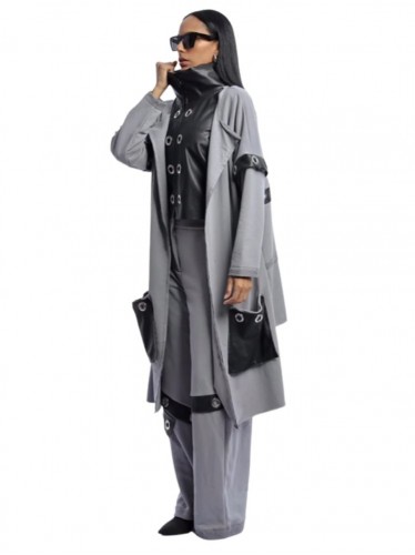 طقم نسائي جلد (3 قطع) بأكمام طويلة للنساء لون رمادي