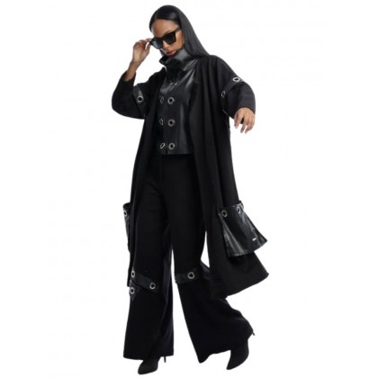 طقم نسائي جلد (3 قطع) بأكمام طويلة للنساء لون أسود