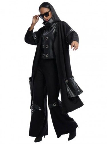 طقم نسائي جلد (3 قطع) بأكمام طويلة للنساء لون أسود