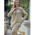 طقم نسائي (قطعتين) بأكمام طويلة للنساء لون بيج