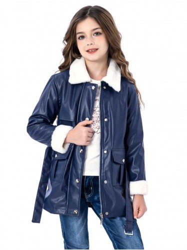 سترة بناتي جلد مبطن ثقيلة لون كحلي 