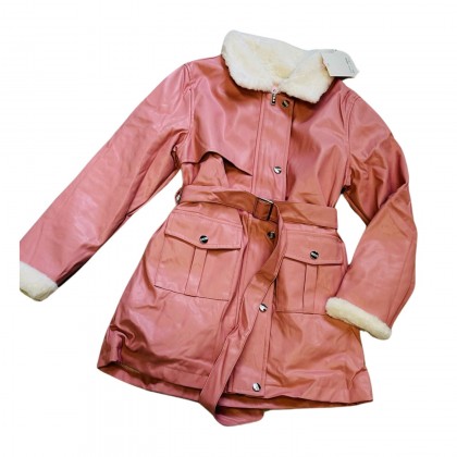 سترة بناتي جلد مبطن ثقيلة لون زهري