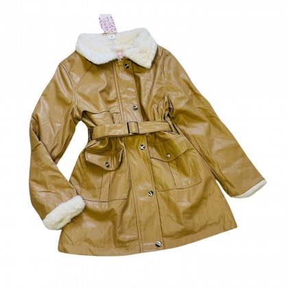 سترة بناتي جلد مبطن ثقيلة لون بيج 