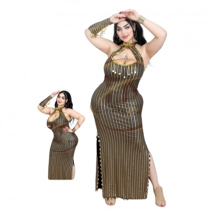 فستان رقص شرقي لون ذهبي و أسود