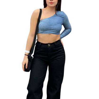 بلوزة نص كتف للنساء لون أزرق